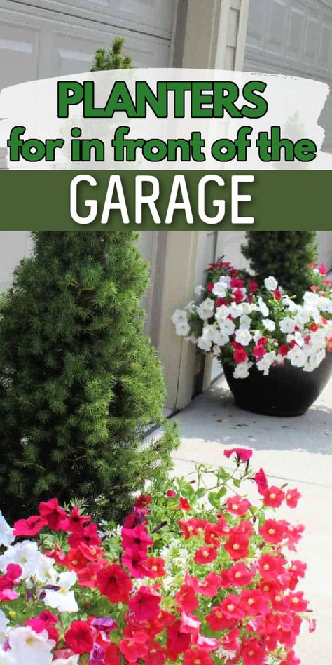 planters in front of the garage Garage Flowers Curb Appeal, Flower Pots By Garage Doors, Pots In Front Of Garage, Garage Door Flower Planters, Plants On Each Side Of Garage Door, Garage Flower Pots, Front Of Garage Planters, Planters By Garage Door, Flower Pots In Front Of Garage