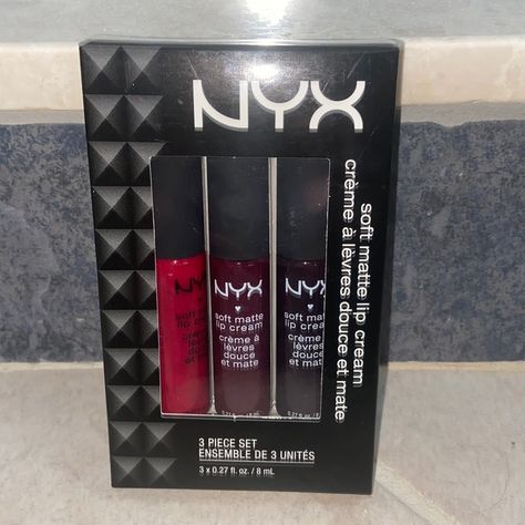 Nyx Cosmetics Soft Matte Lip Cream Set Of 3 (Monte Carlo, Copenhagen, And Transylvania) Brand New -Never Opened Goth Makeup Essentials, Grunge Makeup Products, Whimsigoth Makeup, Nyx Lip Cream, Nyx Butter Lipstick, Nyx Lip Liner, Soft Matte Lip Cream, Ethereal Makeup, Nyx Makeup