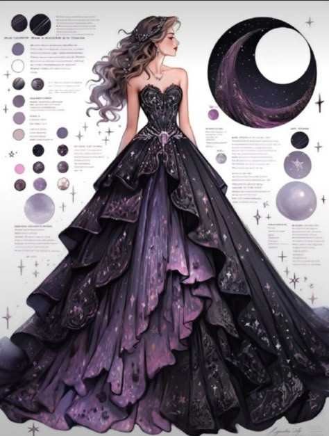 Galaxy Dress, Dreamy Gowns, Purple Galaxy, Dress Design Drawing, Old Fashion Dresses, Fashion Drawing Dresses, Clothing Design Sketches, Fantasy Dresses, Fashion Illustration Dresses