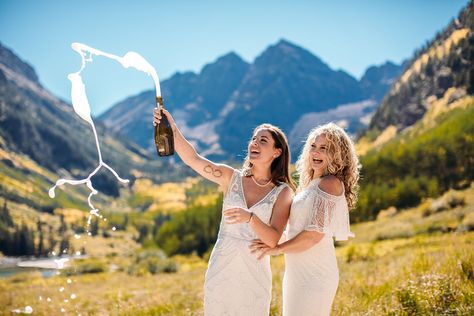 Intimate Elk Mountains wedding in Aspen, Colorado two brides bohemian mountain elopement white dresses champagne Aspen Colorado Wedding, Bohemian Elopement, Bells Wedding, Mountains Wedding, Wedding Posing, Elopement Colorado, Colorado Weddings, Adventure Party, Aspen Wedding