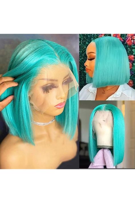 BESFOR Silky Straight Bob Human Hair Wig for Black Women 150 Density Middle Part Short Brazilian Lace Front Wigs with Baby Hair Glueless Bleached Knots 10&#34; Lake Blue Color Brazilian Wigs, Lake Blue Color, Blue Wigs, Brazilian Lace Front Wigs, Color Rubio, Bob Cut Wigs, Lilac Hair, Bob Lace Front Wigs, Straight Bob