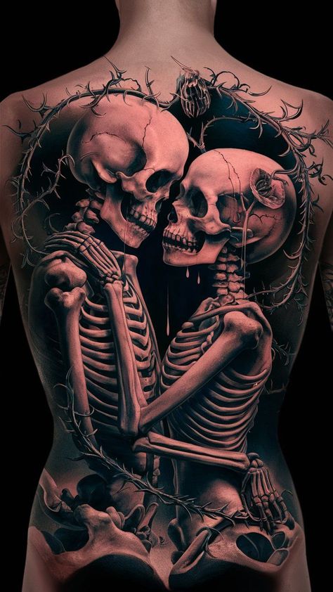 The Lovers Skull Tattoo, Two Skulls Tattoo Love, The Lovers Skeleton Tattoo, Lost Love Tattoo For Men, Skeleton And Dog Tattoo, Couple Tattoos Goth, Two Lovers Tattoo, King And Queen Skull Tattoo, Two Skeletons In Love Tattoo