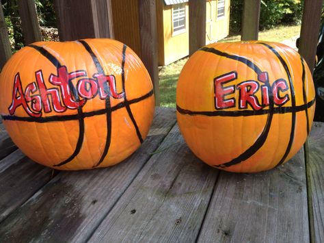 I painted these basketball pumpkins for two little sports fans:-) Basketball Pumpkin, Basketball Court Background, Pumpkin Carving Idea, Creative Pumpkin Carving Ideas, Court Background, Basketball Painting, Fall Festival Games, Basketball Dunk, Halloween Pumpkin Crafts