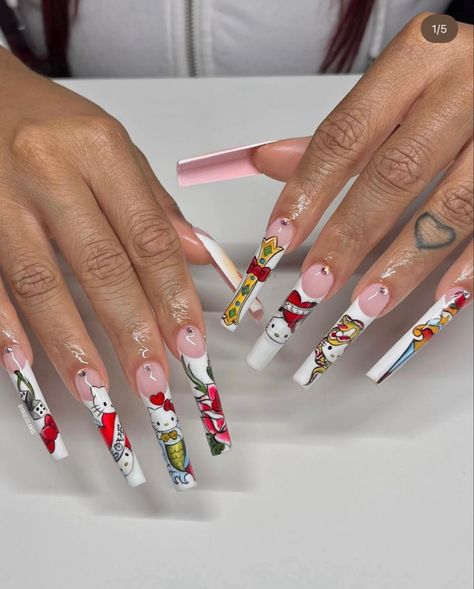 Ed Hardy Nails, Honey Nails, Nails Baddie, Hello Kitty Nails Art, Fye Nails, Kitty Nails, Retro Nails, Rose Nail Art, Punk Nails