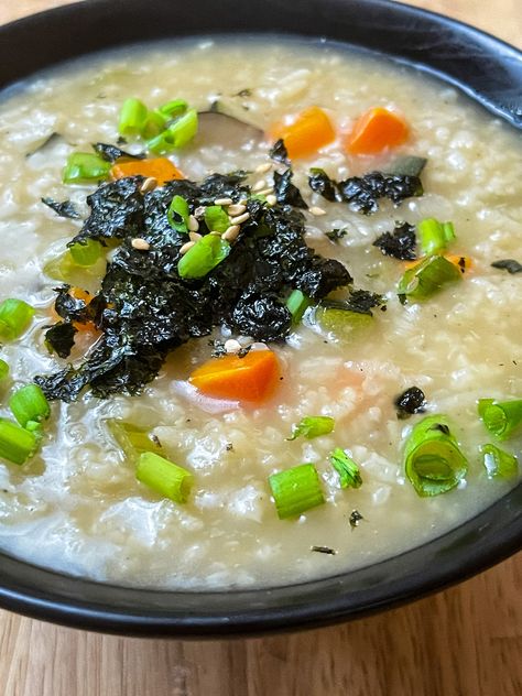 Chinese Rice Porridge Recipe, Juk Recipe Rice Porridge, Korean Soup For Sick, Vegan Rice Porridge, Japanese Rice Porridge Recipes, Korean Congee Recipe, Porridge Recipes Chinese, Breakfast Rice Porridge, Chinese Rice Porridge