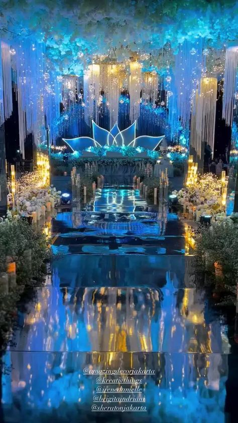 amazingdecorjakarta on Instagram: THE WEDDING OF RIKY AGNES #fff #follow #decorationideas #weddingstage #like #likes #weddinggate #decoration #wedding #followｍe #blossom… Navy Blue Wedding Reception, Dreamy Wedding Decor, Wedding Decorations Indoor, Aesthetic Lights, Coconut Decoration, Blue Wedding Receptions, Wedding Gate, Camo Party, Themed Restaurant