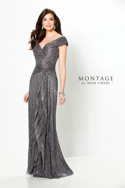 Mother of the Bride Dresses by Montage | Mon Cheri | Special Occasion Formal Wear for the Modern Mother - 219975 | Mon Cheri Bridals V Neck Mother Of The Bride Dresses, Montage By Mon Cheri, Portrait Neckline, Ruffled Gown, Mother Of The Bride Dresses Long, Evening Dress Collection, Bride Gown, Mother Of Groom Dresses, Cascading Ruffles