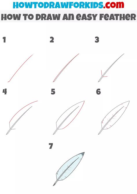 How to Draw an Easy Feather - Easy Drawing Tutorial For Kids Draw A Feather Step By Step, Drawing Feathers, Draw Wings, Draw Birds, Drawing Basics, Feather Drawing, Wings Drawing, Easy Drawing Tutorial, Drawing Tutorials For Kids