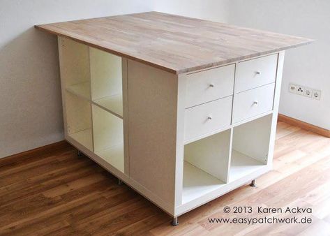 Hackers Ikea, Kitchen Islands Ideas With Seating, Craft Room Tables, Kitchen Island Storage, Sewing Room Furniture, Ikea Crafts, Sewing Room Inspiration, Hacks Ikea, Sewing Room Design