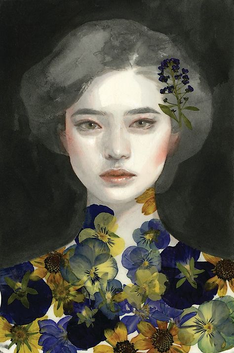 “Study No. 80, a portrait study of a woman for personal experimentation, is made with acrylic, colored pencil and pressed flowers on paper.&rdqu... Tran Nguyen, Ib Art, Barnett Newman, Amedeo Modigliani, Marc Chagall, Communication Art, Pierre Auguste Renoir, Watercolor Portraits, Rembrandt