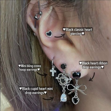 Earring Stack, Heart Piercing, Cool Piercings, Black Earrings, Black Heart, Piercings, Fashion Inspo, Hoop Earrings, Drop Earrings