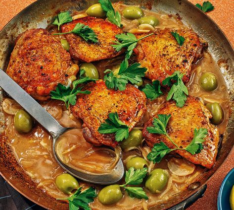 Braised Chicken Recipes, Chicken Sausage Recipes, Olive Brine, Bon Appetite Recipes, Martini Olive, Asparagus Pasta, Vodka Sauce, Low Sodium Chicken Broth, Dirty Martini