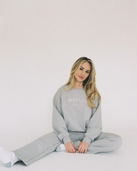 cozy szn is coming. be ready with our boyfriend crewneck + boyfriend sweats. designed to feel like you stole them from him, but for a woman’s body. Sweat Set Photoshoot, Sweats Photoshoot, Sweatsuit Photoshoot, Brand Shoot, Fun Photoshoot, Sweat Set, Person Sitting, Studio Photoshoot, Be Ready