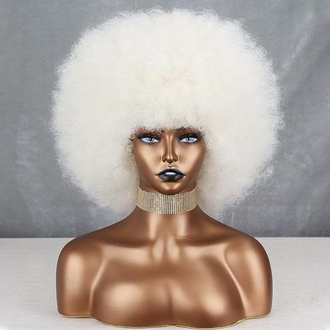 Amazon.com : Xinran Short White Afro Wig for Black Women, Afro Curly Puff White Blonde Wig Heat Resistant Synthetic, Afro Platinum Wig Fluffy Bouncy for Costume Cosplay Party Use (White Blonde) : Beauty & Personal Care 60s Afro, 70s Afro, Afro Wigs For Black Women, White Afro, Short Afro Wigs, Platinum Wigs, Vacation Birthday, Disco 70s, Afro Wig