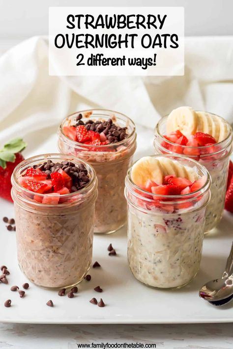 Strawberry overnight oats are an easy, healthy, make-ahead breakfast that you can try 2 ways -- as strawberry banana or strawberry chocolate! Overnight Oats Strawberry Banana, Chocolate Strawberry Overnight Oats, Strawberry Banana Overnight Oats, Oats Strawberry, Breakfast Strawberries, Mealprep Breakfast, Oatmeal In A Jar, Overnight Oats In A Jar, Strawberry Overnight Oats