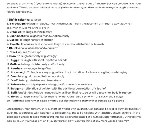 Helpful list of the various types of laughter for storytelling. #writing #storytelling #novelwriting How To Describe A Laugh In Writing, Types Of Expressions Writing, Different Types Of Laughs Writing, Describe Laughter Writing, Body Types Writing, Laugh Descriptions Writing, How To Describe Laughter In Writing, Describing Laughter Writing, Eye Descriptions For Writing