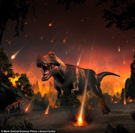 Some 65 million years ago, the impact of an asteroid or comet with the Earth provoked one of prehistory's greatest mass-extinctions, when it wiped out the dinosaurs and many other species. Description from superstock.com. I searched for this on bing.com/images Dinosaurs Extinction, Tata Surya, Dinosaur Facts, Earth Images, Film Disney, Dinosaur Art, Space Rock, Tyrannosaurus Rex, Jurassic World