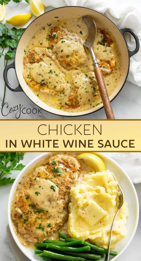 Chicken in white wine sauce with a side of mashed potatoes and green beans Chicken In White Wine Sauce, Chicken In White Wine, Chicken White Wine Sauce, Seasoned Chicken Breast, White Wine Sauce Recipes, Seasoned Chicken, Squeezed Lemon, Chicken Entrees, White Wine Sauce