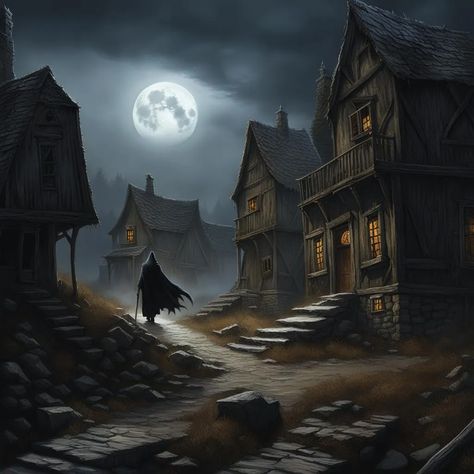 crumbling haunted village, grim reaper walking down street, broken, decay, abandoned, eerie, midnight, full moon, horror, eldritch, sinister... - AI Generated Artwork - NightCafe Creator Haunted Village, Cafe Logo, Art Generator, Grim Reaper, Cool Artwork, Beautiful Artwork, Full Moon, Walking, Moon