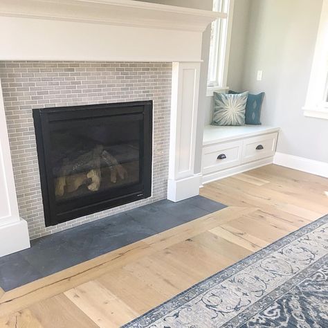 Nicole on Instagram: “Slightly obsessed with the new fireplace tile at the… Fireplace Hearth Tiles, Hearth Ideas, Hearth Tiles, Farmhouse Mantle, Farmhouse Mantel, Fireplace Redo, Slate Fireplace, Beautiful Tiles, Slate Hearth