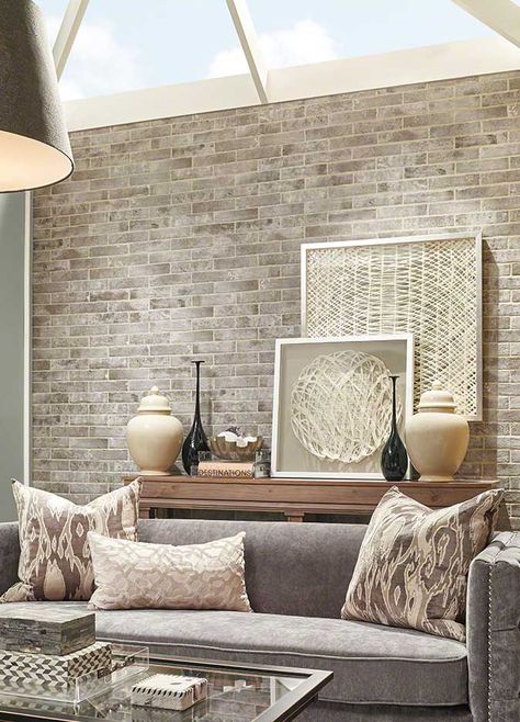 Inspired by classic brick floors and walkways, an accent wall in an urban loft, and vintage brick pavers, new Capella Bricks offer a modern twist on an old time favorite in 3 gorgeous colors – Ivory, Red, and Taupe. Revamp your tile style and create a statement floor or dramatic accent wall with these porcelain brick tiles. Brick Wallpaper Living Room, Brick Wall Ideas, Diy Brick Wall, Brick Accent Wall, Faux Brick Walls, Deco Studio, A Brick Wall, Accent Wall Bedroom, Faux Brick