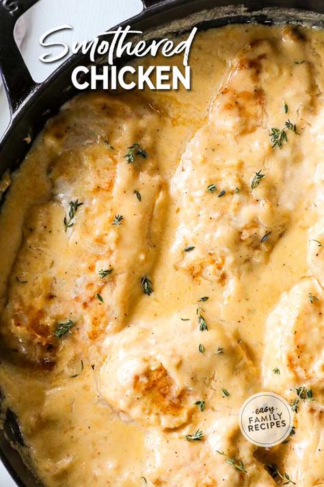 Smothered Chicken Breasts with Gravy is a cozy and EASY dish that brings comfort to any table! Juicy pan-friend chicken is nestled in a pan of rich, savory gravy for a kid-friendly weeknight dinner done in under 30 minutes. A Southern-style chicken recipe the whole family will love! Smothered Chicken Breast With Gravy, Smothered Chicken Breast Recipes, Chicken Breast Gravy Recipe, Smothered Chicken Breast, Sour Cream Chicken, Smothered Chicken, Chicken Breast Recipe, Pan Fried Chicken, Comfort Food Southern