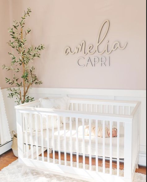 42" size amelia- lavender font, natural stain CAPRI- daffodil font, whitewash stain Two Tone Pink Nursery, Name Wall Nursery, Pink And White Nursery Walls, Baby Girl Nursery Pink And White, Nursery Ideas Baby Girl, Beige And Pink Nursery, Pink And White Nursery Ideas, Pink Board And Batten Wall Nursery, Baby Girl Name Signs For Nursery