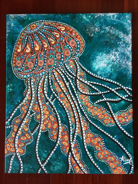 Painting Jellyfish, Art Plage, Jellyfish Painting, Aboriginal Dot Painting, Jellyfish Art, Cross Art, Dot Art Painting, Sea Art, Mandala Painting