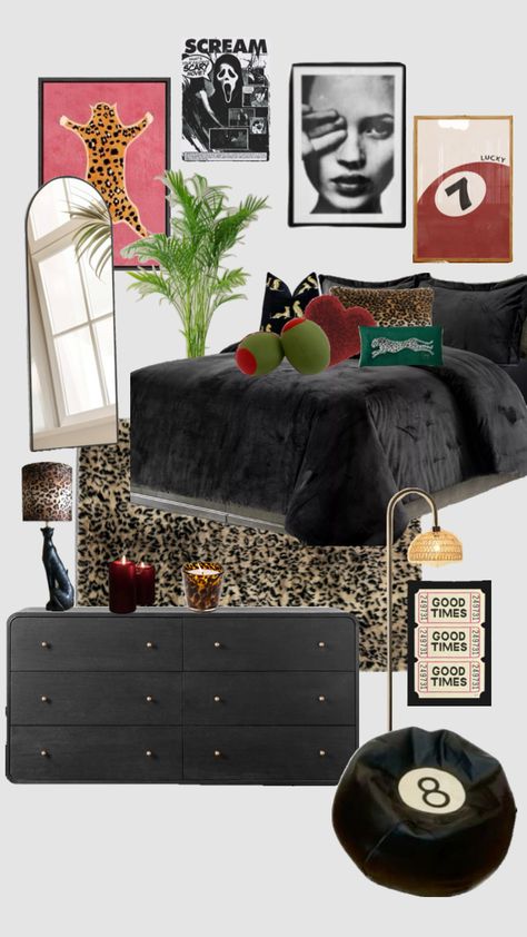 Eclectic Black Bedroom, Mob Wife Bedroom, Boho Dorm Room Aesthetic, College Merchandise Ideas, Leopard Print Room Ideas, Leapord Bedroom Decor, Sultry Bedroom Ideas, Rock Star Bedroom, Bedding Room Ideas