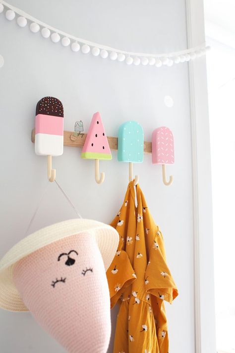 Ice Cream Room Decor, Ice Cream Bedroom, Ice Cream Nursery, Wall Hangers For Clothes, Wooden Ice Cream, Entryway Hooks, Cream Room, Cute Wall Decor, Cream Walls