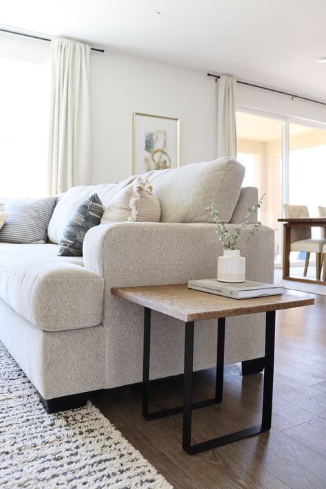 End Table Next To Sectional, End Table Sectional Couch, Corner Sofa With Side Table, Sectional With End Tables, Corner End Table Between Couches, End Table For Living Room, Diy Coffee And End Tables, Living Room End Tables Ideas, Diy Modern End Table