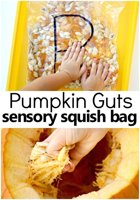 Pumpkin Guts Sensory Squish Bag-Mess-free sensory play for toddlers and preschoolers #fall #halloween #kids Pumpkin Guts Sensory, P Is For Pumpkin, Pumpkin Sensory, Sensory Play For Toddlers, Pumpkin Lessons, Pumpkins Preschool, Fall Activities For Toddlers, Pumpkin Guts, Fall Crafts For Toddlers