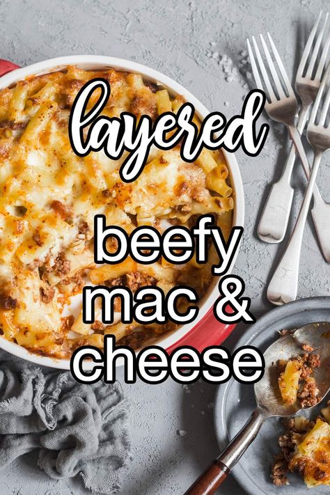 Layered Mac 'n Cheese With Ground Beef - Layered Mac 'n Cheese with Ground Beef: Because why settle for one layer of comfort when you can have three? | CDKitchen.com Mac And Cheese With Ground Beef, Ground Beef Mac N Cheese, Beef Mac N Cheese, Ground Beef Mac And Cheese, Beefy Mac And Cheese, Hamburger Mac And Cheese, Beef Mac And Cheese, Cheeseburger Mac And Cheese, Overnight Breakfast Recipes