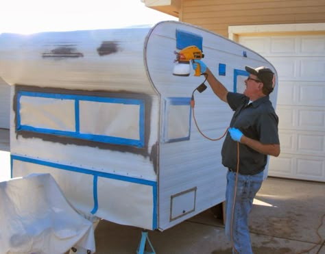 How to Paint a Vintage Trailer for Under $60 Vintage Camper Redo, Vintage Trailer Remodel, Vintage Trailers Restoration, Vintage Trailer Interior, Camper Vintage, What To Paint, Vintage Camper Interior, Chuck Box, Camper Trailer Remodel