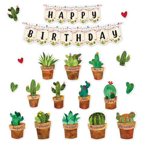 PRICES MAY VARY. Cutouts Birthday Bulletin Board: 42 pieces happy birthday bulletin board set, cactus theme design. Including different designs cactus potted plants cardboard from January to December, HAPPY BIRTHDAY banner and love heart, multiple green plants. Delicate Design - Plant Theme Classroom Decor: Each pattern is carefully designed, each cactus cardboard has enough writing space. Clear color printing, children will love it. High Quality: Happy birthday bulletin board set is made of hig Green Theme Classroom Decoration, Winter Door Decorations Classroom, Garden Theme Classroom, Birthday Wall Decoration, Birthday Bulletin Board, Cactus Classroom, Birthday Board Classroom, Bulletin Boards Classroom Decor, Birthday Bulletin Boards