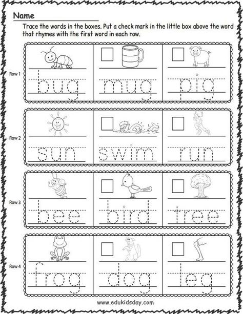 none Rhyme Words Kindergarten, Kindergarten Name Worksheets, Rhyming Worksheets Preschool, Writing Activity For Kindergarten, Kindergarten Assessment Free Printable, Kindergarden Worksheet Printable, Words Kindergarten, Kindergarten Rhyming, Spring Math Kindergarten