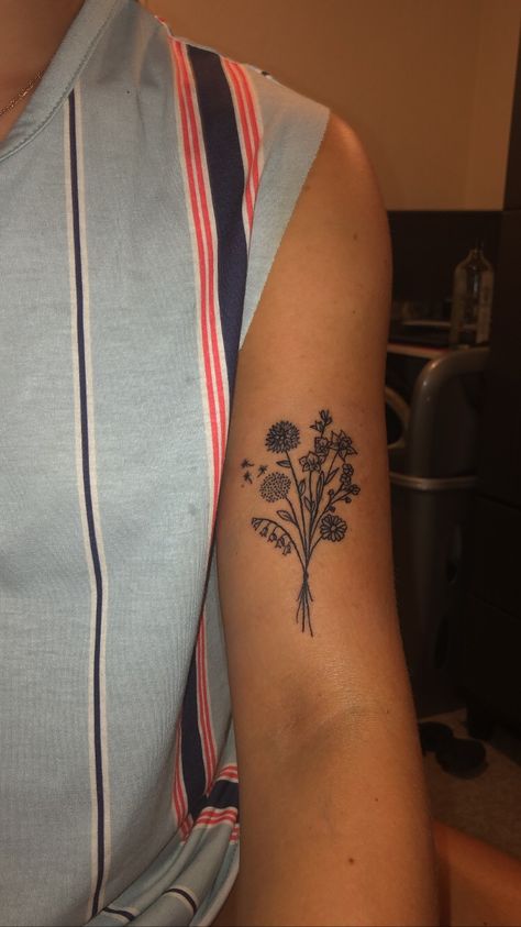 bouquet of flowers tattoo Tattoo Of Bouquet Of Flowers, Bouquet Of Different Flowers Tattoo, Flower On Bicep Tattoo, Bicep Bouquet Tattoo, Flower Bouquet Tattoo Bicep, Degrassi Tattoo, Wildflower Tattoo Bicep, Flower Tattoos Bicep, 6 Flower Bouquet Tattoo