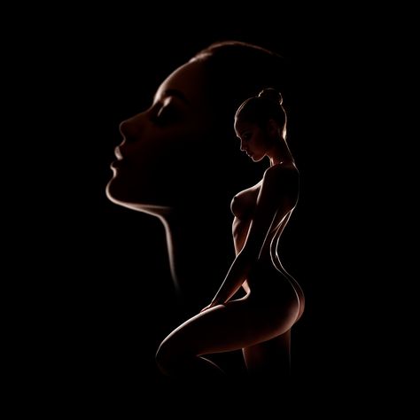 Photographs of a nude silhouette of a woman in chiaroscuro with, in double exposure, a portrait of the woman in the background. The Background, Images Of, Double Exposition, Female Silhouette, Woman Silhouette, Chiaroscuro, To The, Double Exposure, Portrait Photo