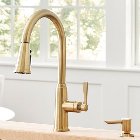 Gold Brass Kitchen Faucet, Silver Faucet Gold Hardware, Kitchen Sink Fixtures, Gold Hardware Kitchen, Gold Faucet Kitchen, Kitchen Faucet Ideas, Gold Kitchen Hardware, Silver Faucet, Lakehouse Kitchen