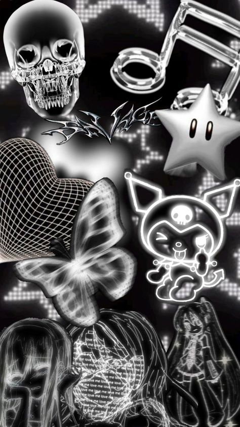 I tried to do a black and white cybercore wallpaper! (I know little about cybercore) #cybercore #wallpaper #aestehthic #aestheticwallpaper #collage #collagewallpaper #fyp #sanrio #kuromi #blackandwhite #spookyxcreature White Cybercore Wallpaper, White Cybercore, Cybercore Wallpaper, Cybercore Aesthetic, Abstract Wallpaper Design, Sanrio Wallpaper, Pretty Landscapes, Cute Simple Wallpapers, Sanrio Kuromi