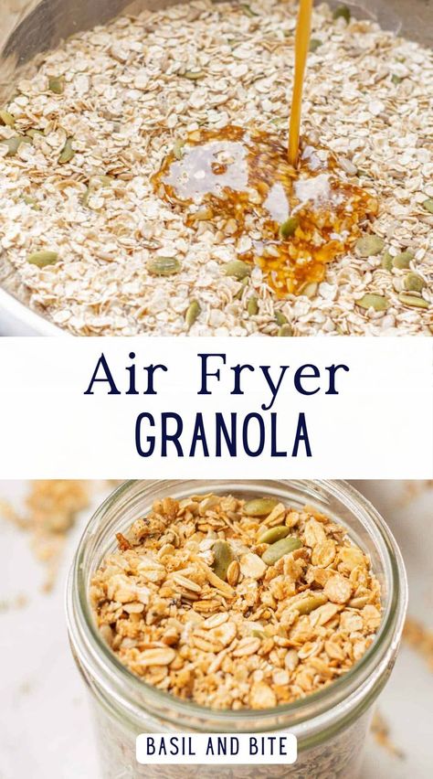 Looking for a healthy breakfast idea? Try this air fryer granola that's lightly sweetened and perfectly toasted. It's a simple recipe that's both delicious and nutritious! Oil Free Granola, Air Fryer Granola, Healthy Breakfast Idea, Homemade Cereal, Healthy Air Fryer, Granola Recipe Homemade, Oat Cereal, Candied Almonds, Dessert For Two