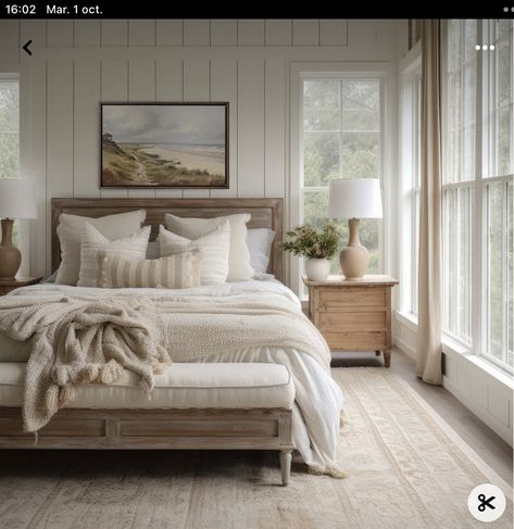 Vaulted Wood Ceiling Bedroom, Coastal Country Bedroom, Serene Master Bedrooms Decor, California Casual Bedroom, Beachy Bed, New England Style Bedroom, Coastal Farmhouse Bedroom Ideas, Coastal Chic Home, Lake House Bedroom Ideas