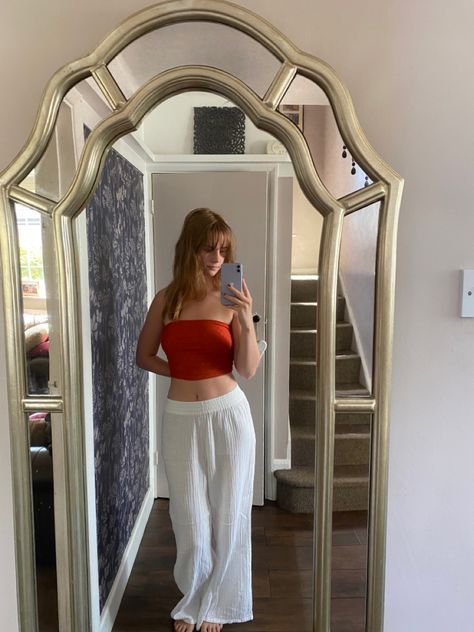 Low waist trousers linen trousers white trousers high waist trousers rust orange red tube top summer outfit inspiration summer holiday inspiration mirror pic mirror picture influencer small influencer UK influencer Bodygoals ginger redhead body inspiration Flowy Tube Top Outfit, Red Tube Top Outfit Aesthetic, Overalls With Tube Top, Orange Tube Top Outfit, Rust Tank Top Outfit, Tube Outfit, Orange Tube Top, Tube Top Outfit, Tube Top Outfits