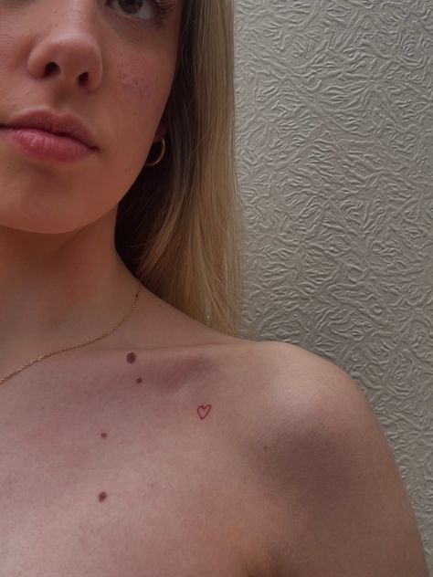 Red Heart Shoulder Tattoo, Tiny Heart Tattoo Shoulder, Mole Tattoo Coverup, Heart Tattoo On Shoulder, Heart Shoulder Tattoo, Pink Heart Tattoo, Heart Tattoo Shoulder, Mole Tattoo, Collar Tattoo