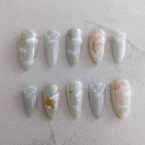 [IMPORTANT - READ BEFORE PURCHASING] - Shape of set in photos is Medium: Almond - This set is includes aurora nails and requires the aurora foil to be encased in gel. Because of this, the aurora nails will be thicker than others. ♡ What to expect ♡ - All sets are hand painted and made to order with love! - This set is made with soak-off gel polish and hard gel press ons. - Hard gel press ons are flexible, lightweight, long lasting, and waterproof ♡ Included in product ♡ - 10 custom nails - Mini Over The Moon Nails, Simple Ethereal Nails, Sun And Moon Nails Simple, Intergalactic Nails, Aurora Nails Design, Goddess Nails Designs, Sailor Moon Queen Serenity, Moon Nails Design, Moon Inspired Nails