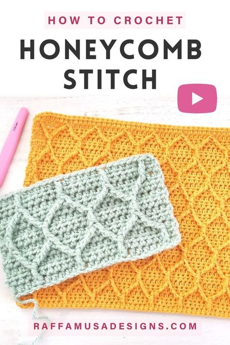 two crochet swatches were made using the crochet textured honeycomb stitch pattern Crochet Honeycomb, Foundation Half Double Crochet, Honeycomb Stitch, Crochet Bottoms, Basketweave Stitch, Crochet Bee, Learn How To Crochet, Puff Stitch, Crochet Stitches Tutorial