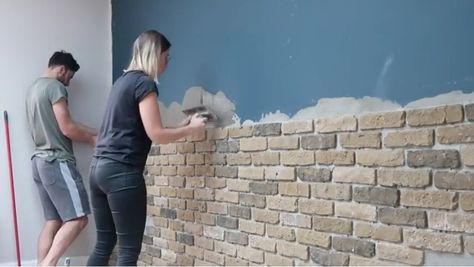 DIY ROOM MAKE OVER USING BRICK SLIPS Brick Slips Kitchen, Outdoor Halloween Decorating, Faux Brick Backsplash, Halloween Decorations Diy, Brick Slips, Brick Accent Walls, Faux Brick Panels, Stone Accent Walls, Brick Fireplace Makeover