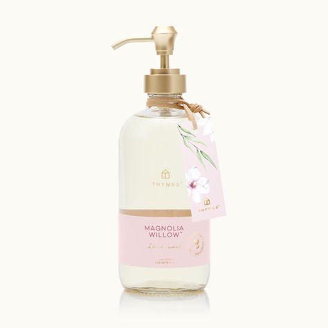 Gently lather and leave hands feeling clean with this airy, floral fragrance that is complete with dewy magnolia blossoms, mandarin, jasmine leaves, and white mahogany. | Thymes | Magnolia Willow Large Hand Wash Willow Hand, Fragrance Ingredients, Soap Labels, Branded Products, Magnolia Blossom, Warm Fragrance, Unique Fragrance, Liquid Hand Soap, Floral Fragrance