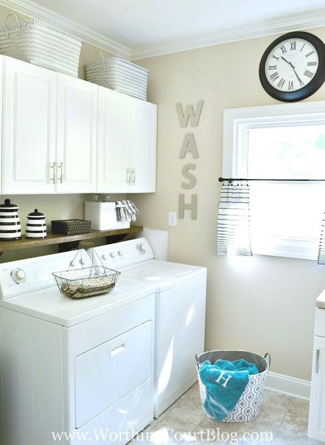 Worthington Court laundry-room-reveal-7 Coin Machine, Modern Farmhouse Laundry Room, Laundry Room Storage Shelves, Small Laundry Room Organization, Room Storage Diy, Basement Laundry, Farmhouse Laundry Room, Laundry Room Inspiration, Laundry Room Remodel