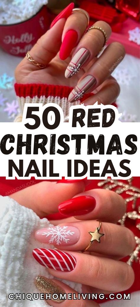 Ready to sleigh your holiday look? Check out these 50 red Christmas nail ideas that are perfect for adding festive flair to your style this season! From classic crimson shades to glittery accents and whimsical nail art, these designs will make your nails the star of any holiday gathering. Think elegant matte finishes, playful candy cane stripes, and stunning snowflake designs to get you into the holiday spirit. Short Red Nails Design Christmas, Red Christmas Nails Almond, Red Winter Nail Designs, Nails Square Christmas, Nails Almond Christmas, Short Christmas Nails Simple, Square Christmas Nails, Christmas Nails Square, Nails Green Christmas